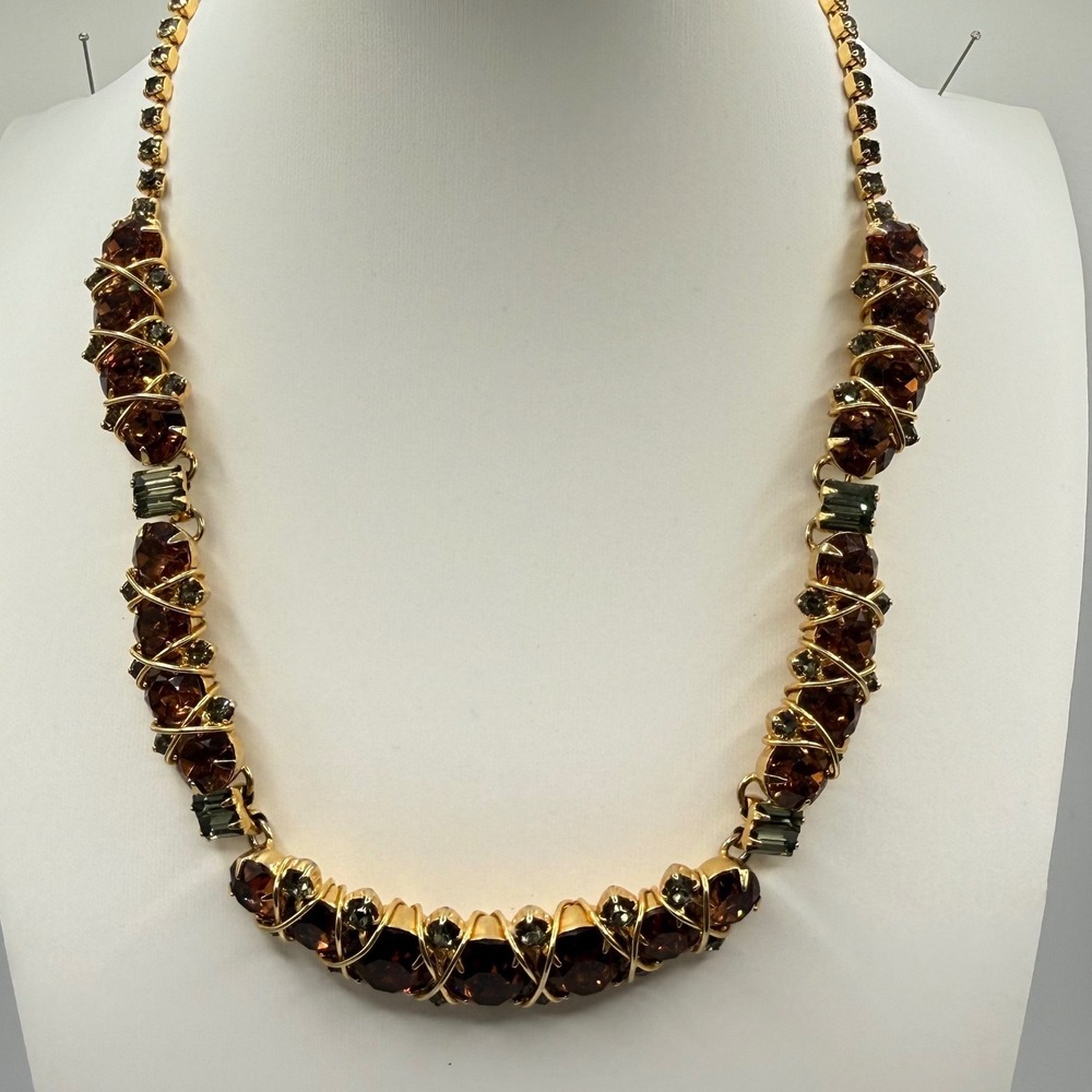 Hattie Carnegie Vintage Orange Smokey Gray Rhinestone Gold Tone Collar Necklace